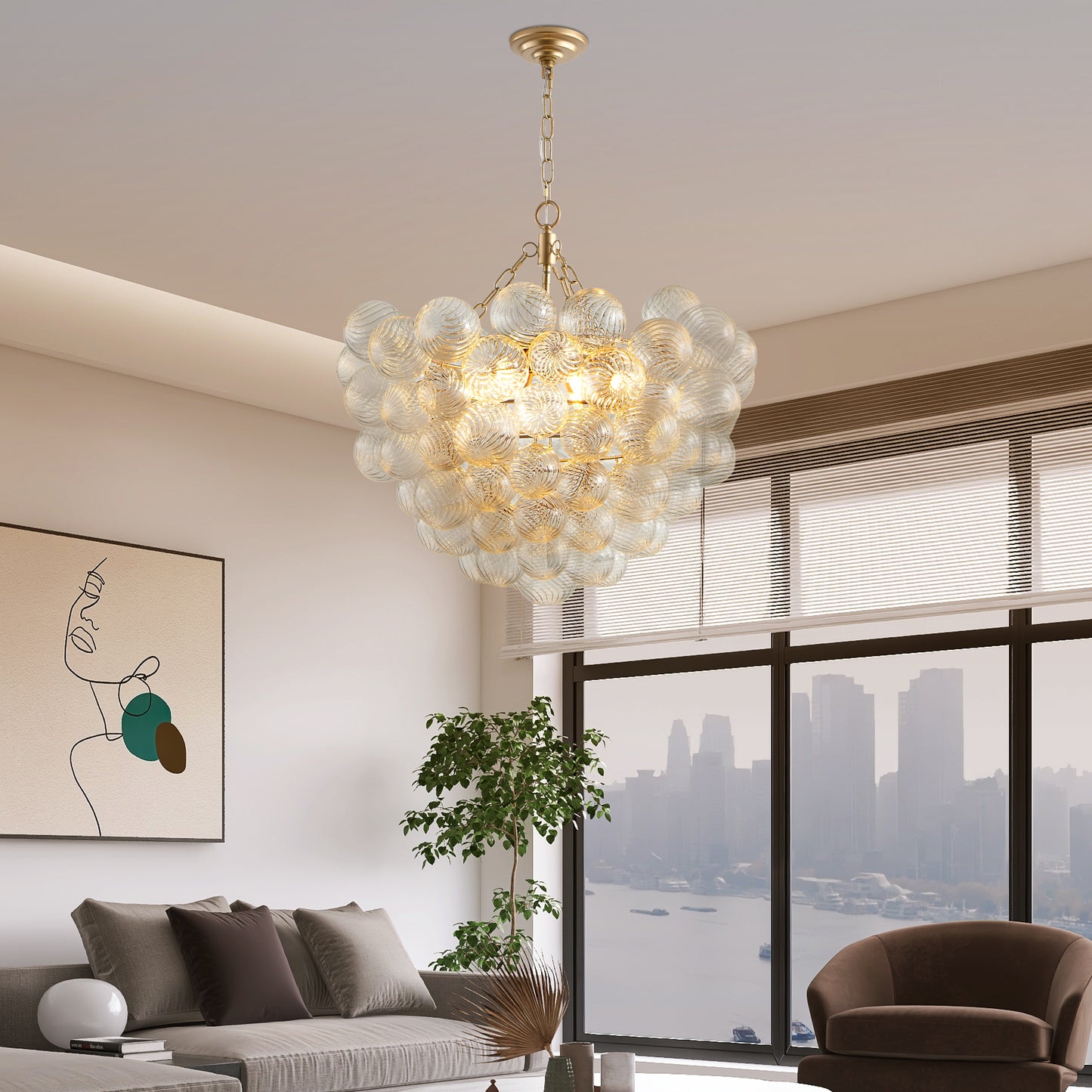 23.6-Inch Gold Pendant Light Chandelier With Threaded Clear Glass Globe Shade - Adjustable Height, Ideal For Living Room, Dining Room, Kitchen  No Bulbs