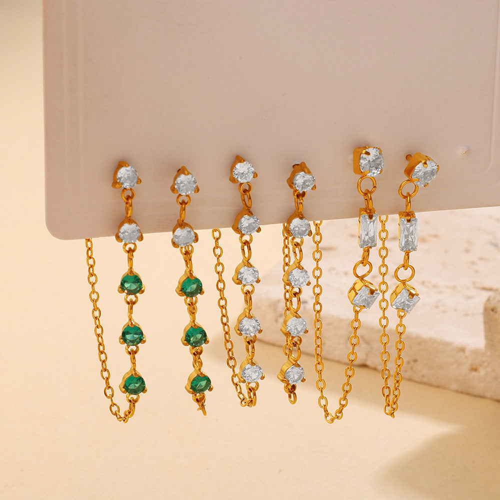 New Fashion Luxury Design Zircon Inlaid Pendant Earrings, Stainless Steel, Korean & Japanese Style Chain Tassel Ear Jewelry