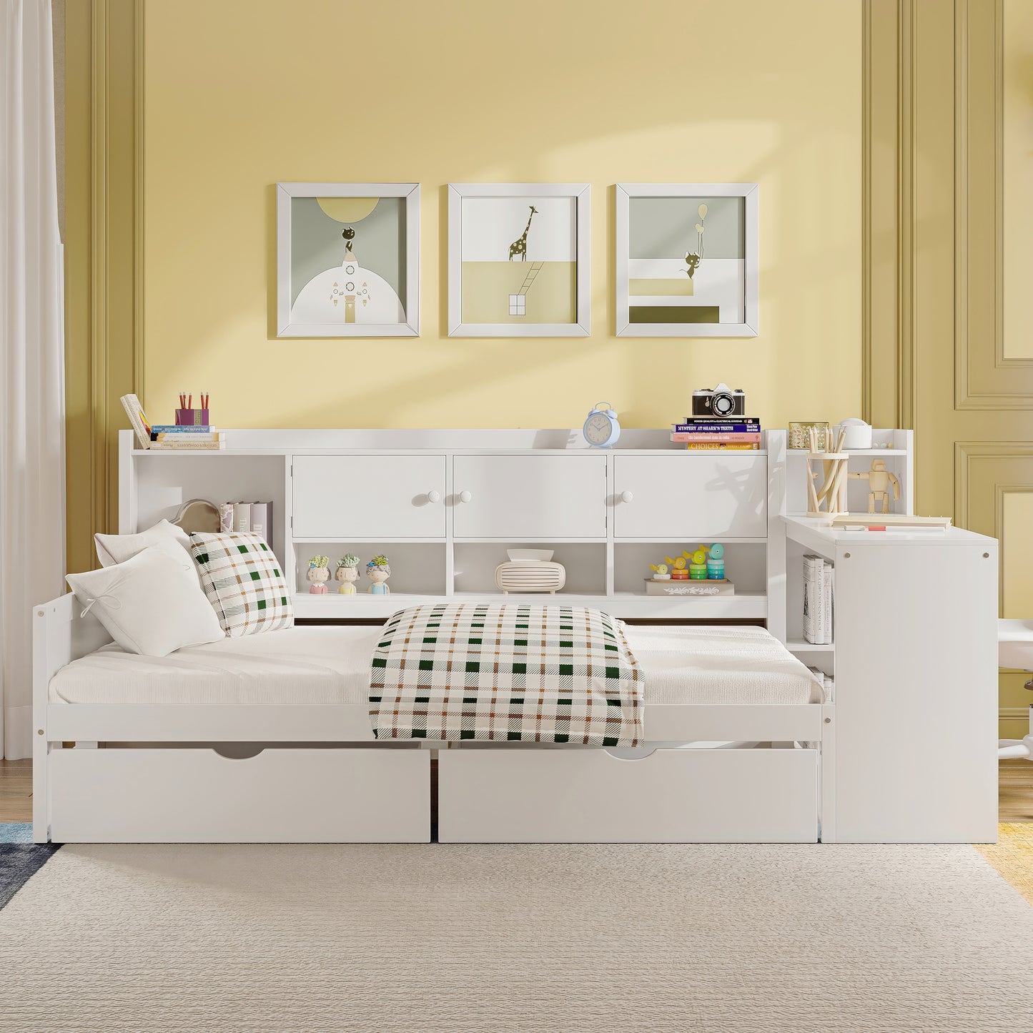 Wooden L-Shape Daybed With Seven Storage Cabinets And Two Storage Drawers, Multi-functional Bed With Study Desk And Built-in Bookshelf, White