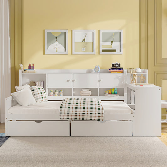 Wooden L-Shape Daybed With Seven Storage Cabinets And Two Storage Drawers, Multi-functional Bed With Study Desk And Built-in Bookshelf, White