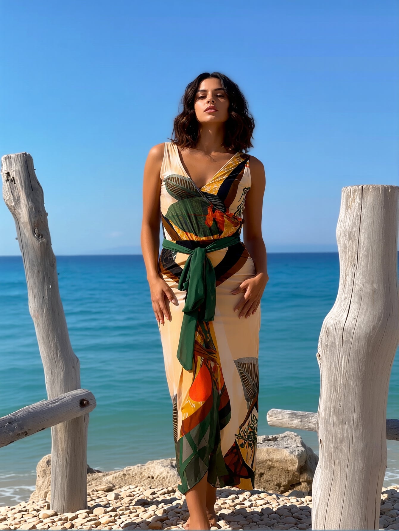 2026 New Vintage Tropical Leaf Print V Neck Sleeveless Waist Tie Midi Dress Women Split Elegant Vacation Maxi Dress
