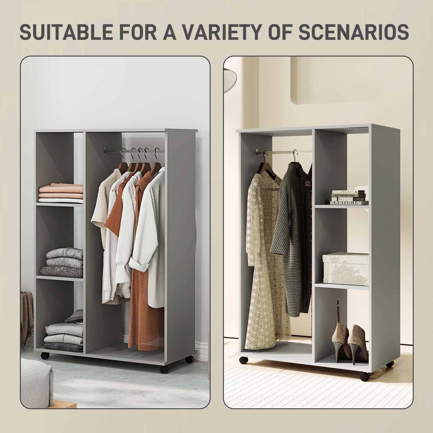 Open Wardrobe On Wheels, Bedroom Wardrobe With Clothes Hanging Rail, 3 Storage Shelves, Mobile Garment Rack For Cloakroom, Hallway, Grey
