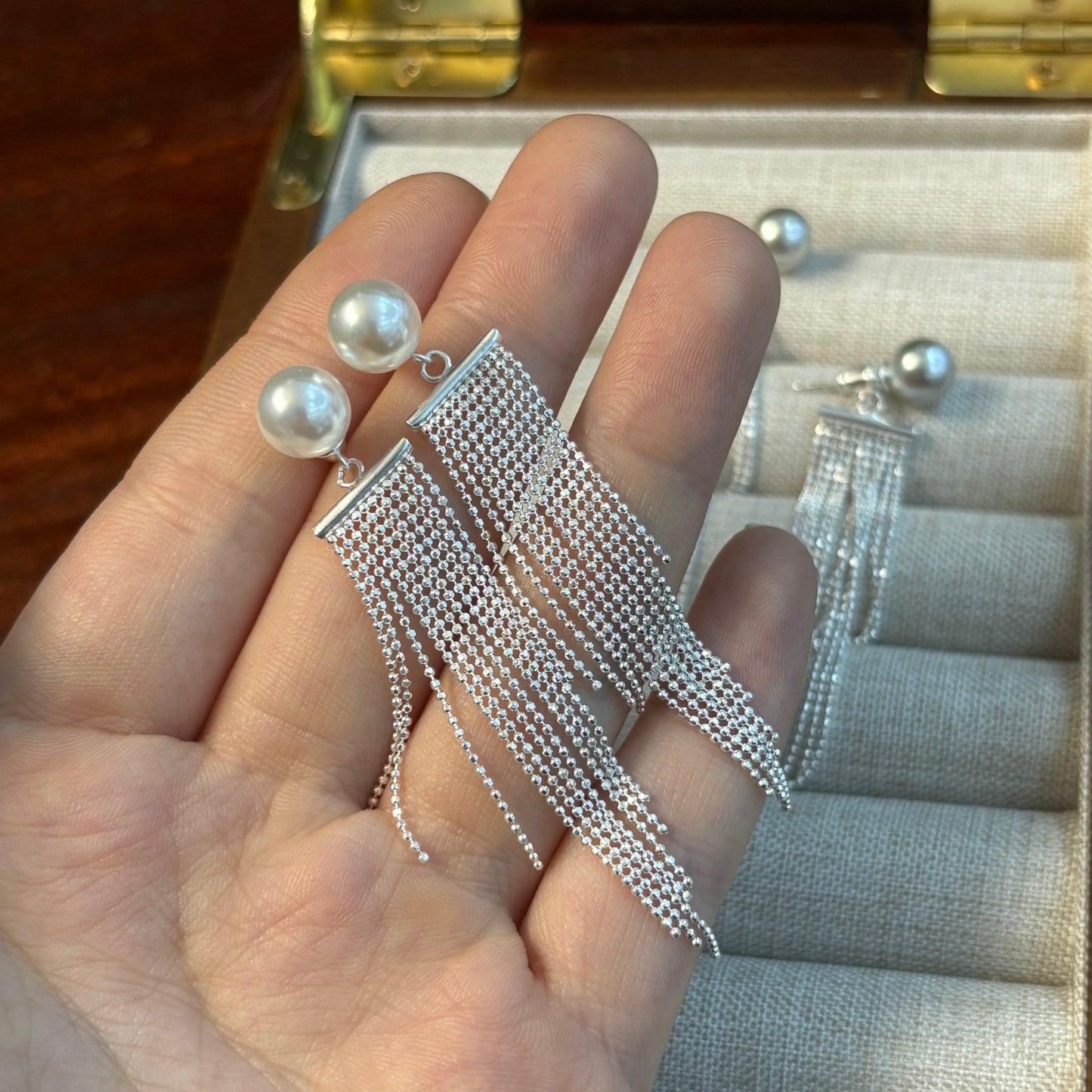 1 Pair 999 Sterling Silver Pearl Long Beaded Tassel Drop Earrings, Elegant & Slimming, Perfect For Daily, Party & Dating, Ideal Valentine's Gift