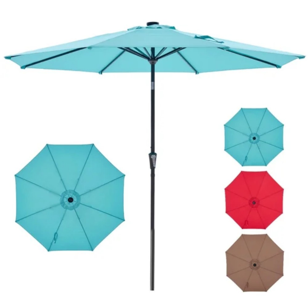 10 Ft Patio Umbrella For Table, Outdoor Sun Umbrella With 32 LED Solar Lights, Lake Blue