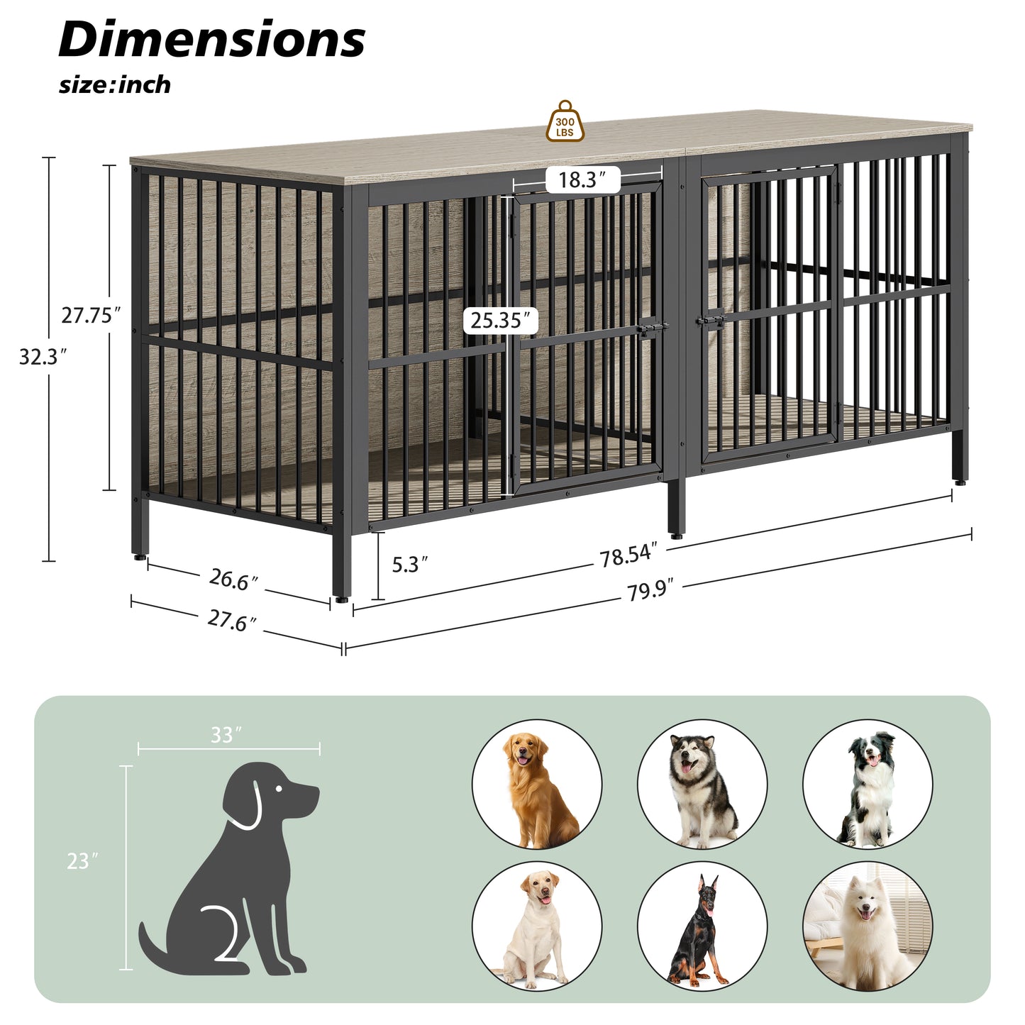 80  Dog Crate End Table, Heavy Duty 2-Door Indoor Pet Kennel, Multipurpose Dog House Furniture As TV Stand Or Side Table For Living Room, Large & Medium Dogs, Grey.