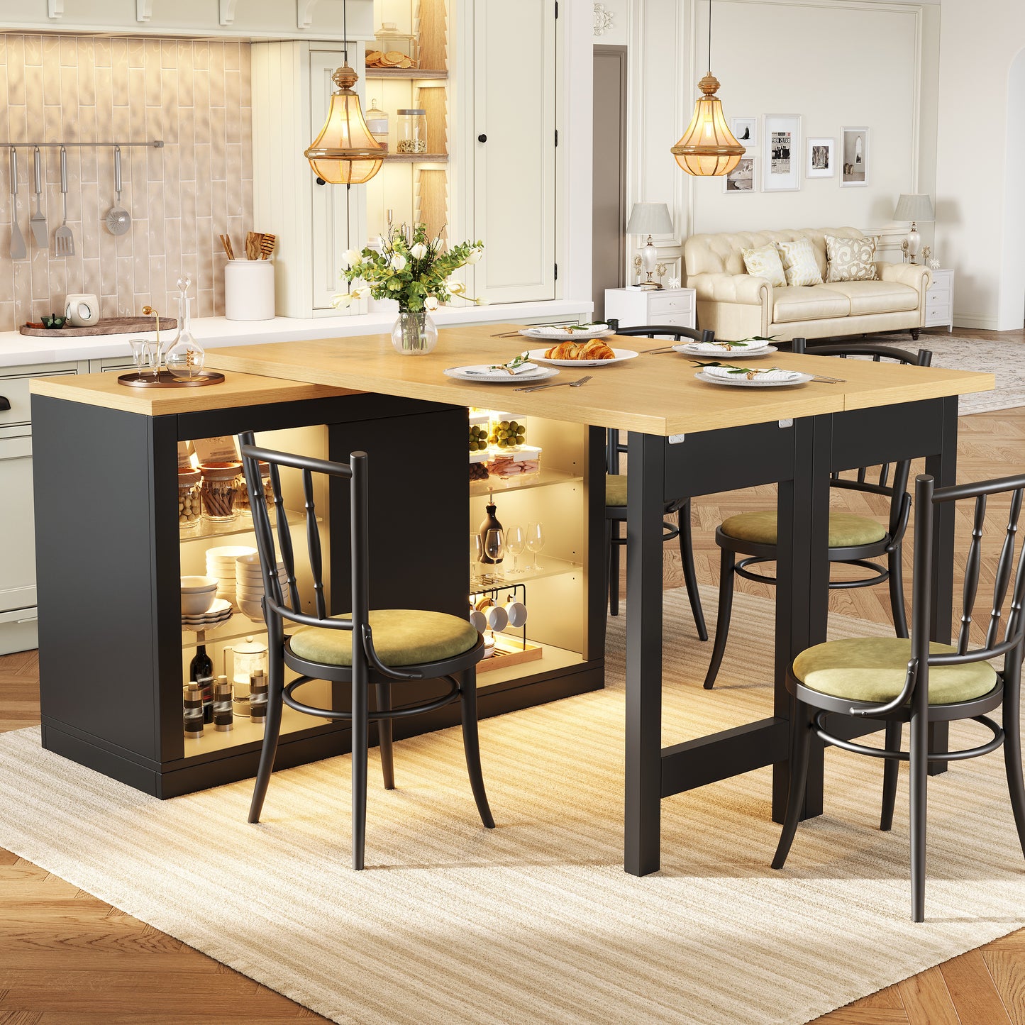 Extendable Sideboard With LED Lights, 120-197 Cm Adjustable Dining Table With Storage, Kitchen Cabinet With Glass Shelves & Snack Rack, White Black