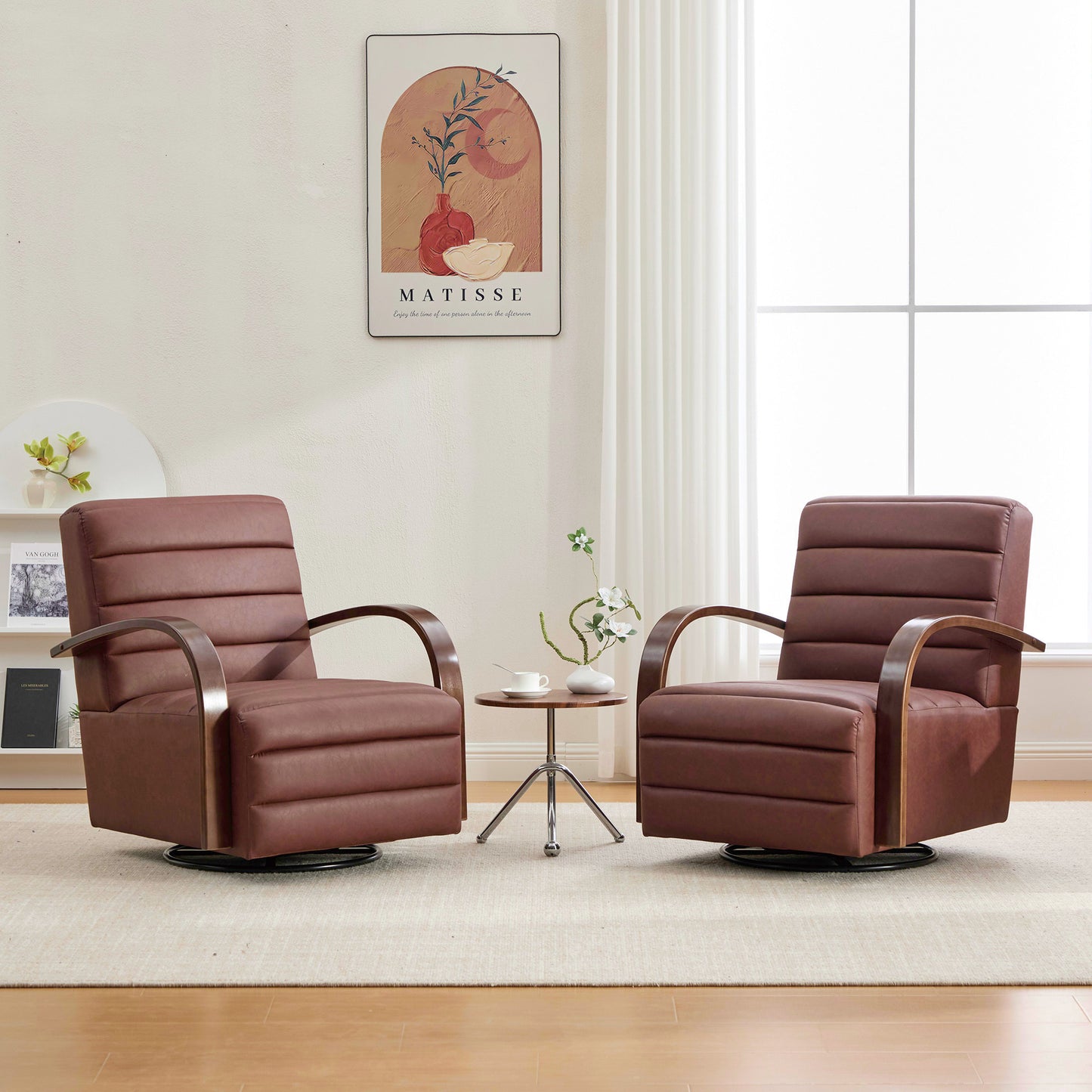 30.7 W Modern Upholstered 360 Swivel Accent Chair With Solid Wood Armrests And Comfy Channel Tufted Lounge Reading Chair, Single Sofa Armchair For Hotel Bedroom Living Room Office And Bedroom. Brown
