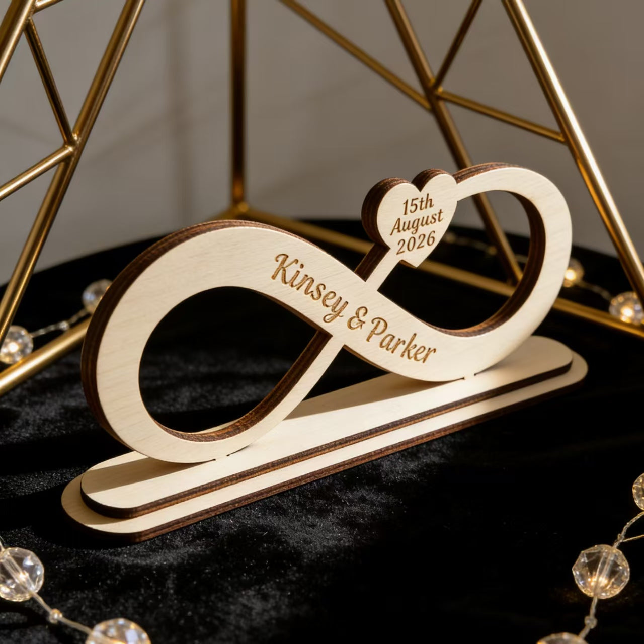 Custom Infinity Symbol Wood Table Sign With Base, Laser Engraved Names & Special Date Heart Wooden Ornament, Personalized Wedding Centerpiece Decor, Unique Anniversary Valentines Engagement Gift For C