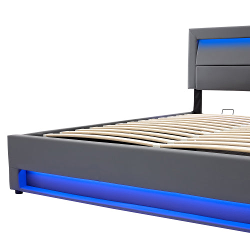 Upholstered Bed 150 X 200 Cm, King Size Bed-5ft,with USB Port Supports Wireless And Wired Charging, With LED Lighting And Storage Space, Without Mattress, PU Lychee Pattern, Grey