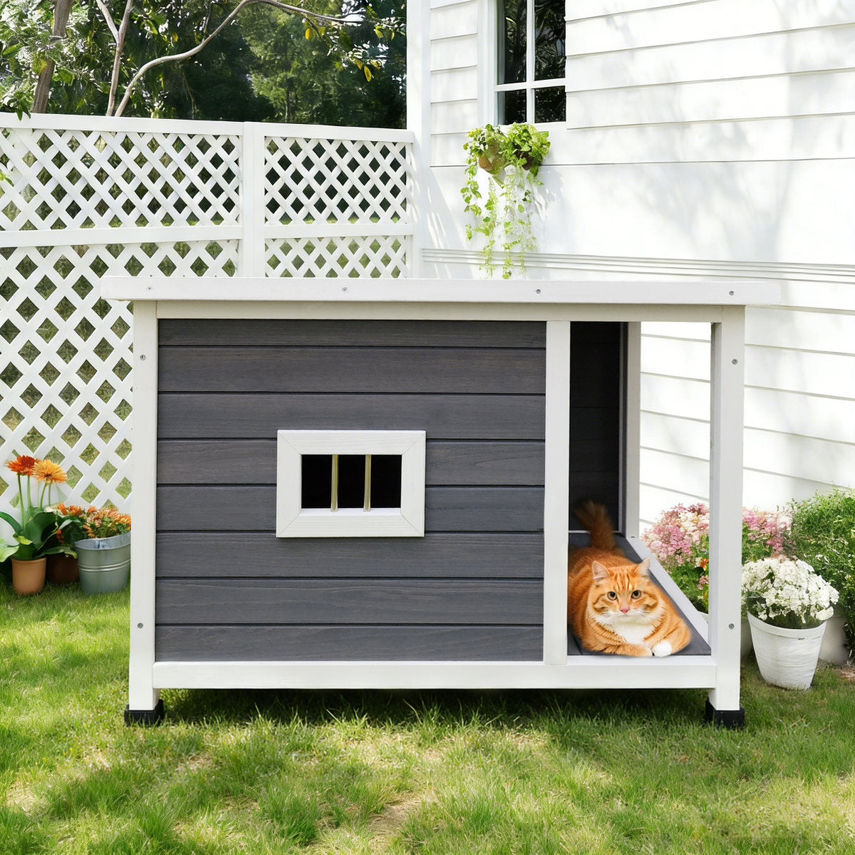 Outdoor Gray Cat House With Waterproof Roof, Ventilated Windows, And Sturdy Metal Support -Spacious & Stylish Pet Shelter For Cats