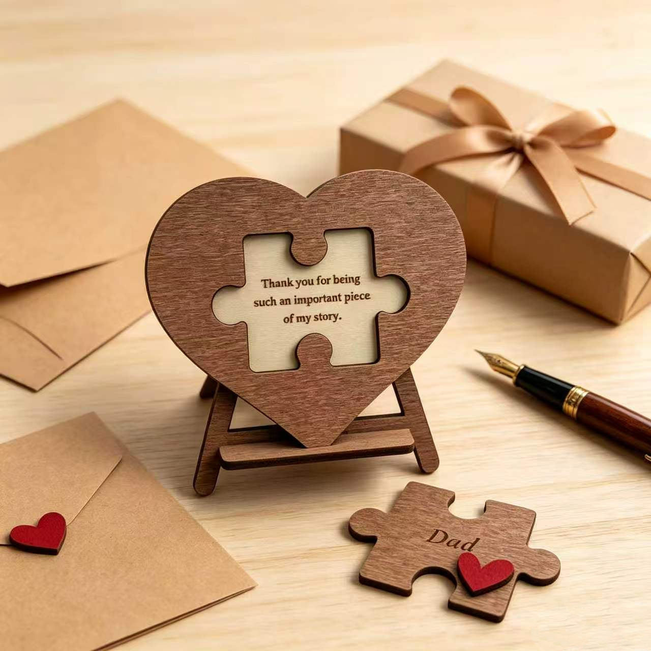 Wooden Heart Puzzle Sign For Dad, Father's Day Gift Engraved Wood Heart Puzzle Desk Decor Thank You Dad Keepsake Ornament