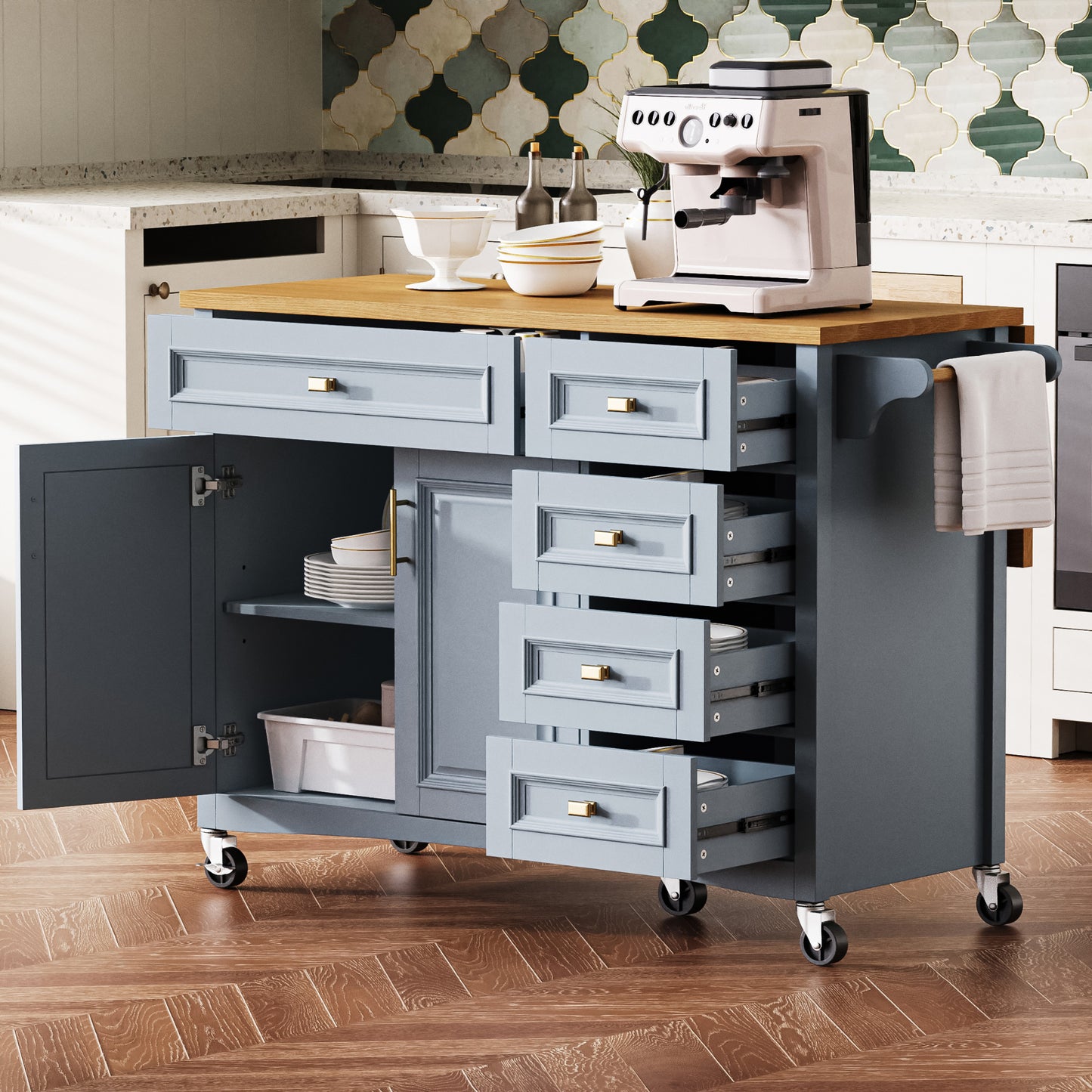 K&K 52   Kitchen Island With Drop Leaf, Embossed Texture Kitchen Island On Wheels With Spice Rack, Towel Rack, 2 Doors And 5 Drawers, Kitchen Storage Cart With Adjustable Shelf For Kitchen, Blue Grey