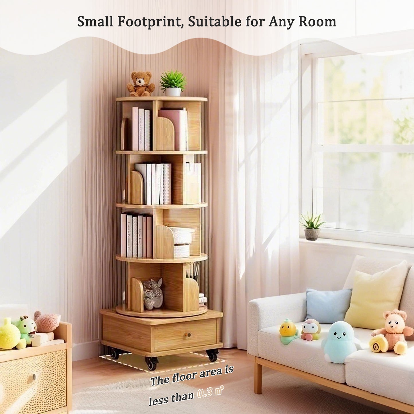 5 Tier Rotating Bookshelf,  Display Round Spinning Bookshelf With Wheels, Space-Saving, Small Space Rotating Bookshelf Tower For Bedroom, Living Room, Home, Office, Wood Color