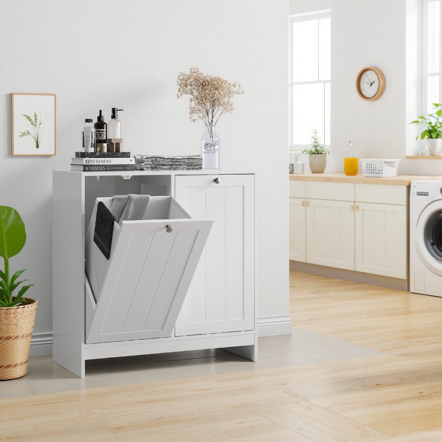 Tilting Laundry Basket With Removable Basket, Hidden Laundry Basket, Bathroom Laundry Basket Storage Cabinet, Freestanding Home Organizer, White
