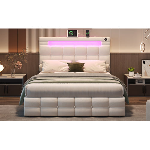 4ft6 Double Upholstered Bed Frame With Hydraulic Storage, Velvet Ottoman Bed With LED Lighting And Charging Station, Double Bed With Adjustable Button Tufted Headboard, Beige