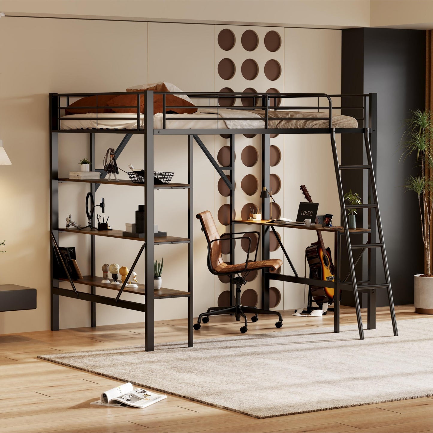 90x200cm Bed Frame Metal Bed, Iron Bed, Loft Bed With Desk And Three Large Shelves For Children, Teenagers And Adults, 90x200 Cm, Black