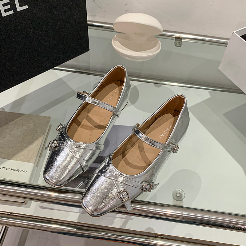 2026 Spring Summer New Women's French Square Toe Mary Jane Flats With Hidden Heel, Elegant Silver Single Shoes With Single Strap Buckle