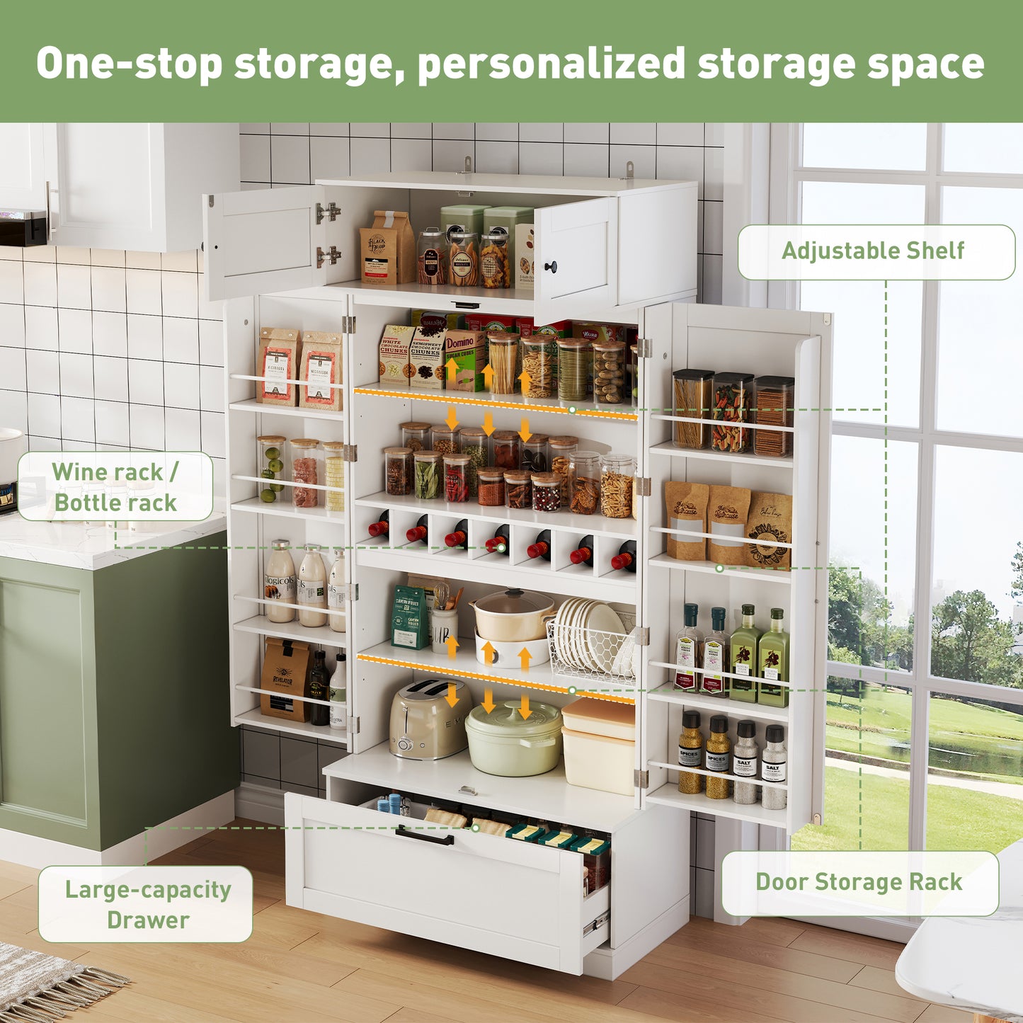 80x40x180cm Large, Freestanding Kitchen Storage Cabinet ,  Pantry With Adjustable Shelves, Drawers, Wine Rack, And Doors With Shelves, For Kitchen Dining Room Living Rom