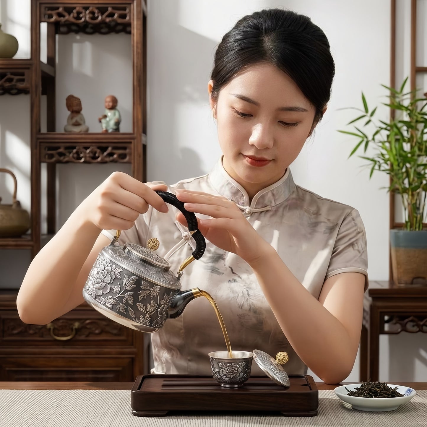 925 Sterling Silver Elegant Handcrafted Floral Embossed Stainless Steel Traditional Tea Kettle-Premium Oil Press Kettle - Handicraft