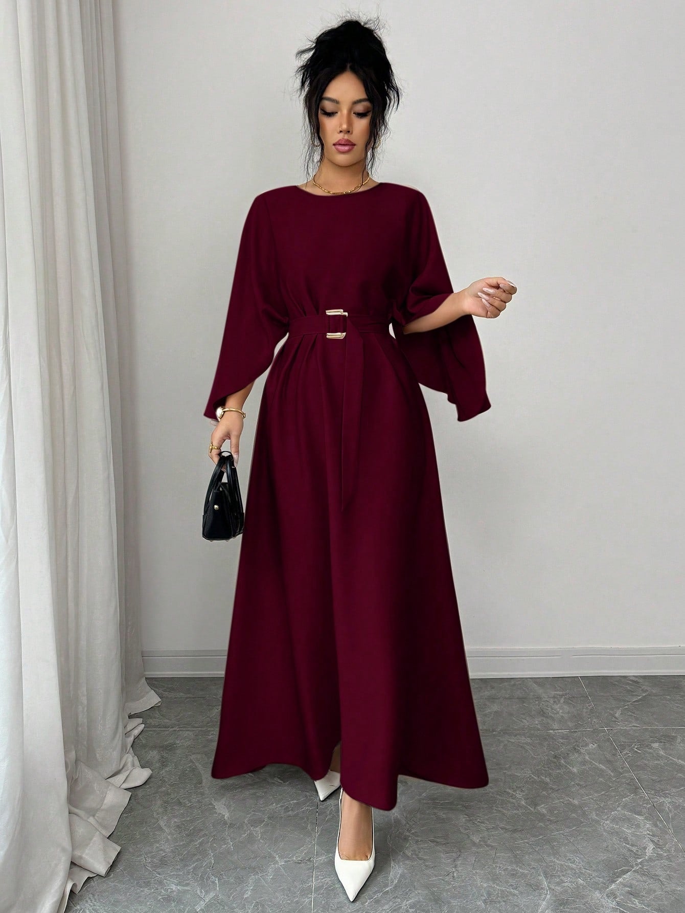Womens Fashion Round-Neck Defined-Waistline Lace-Up Dress