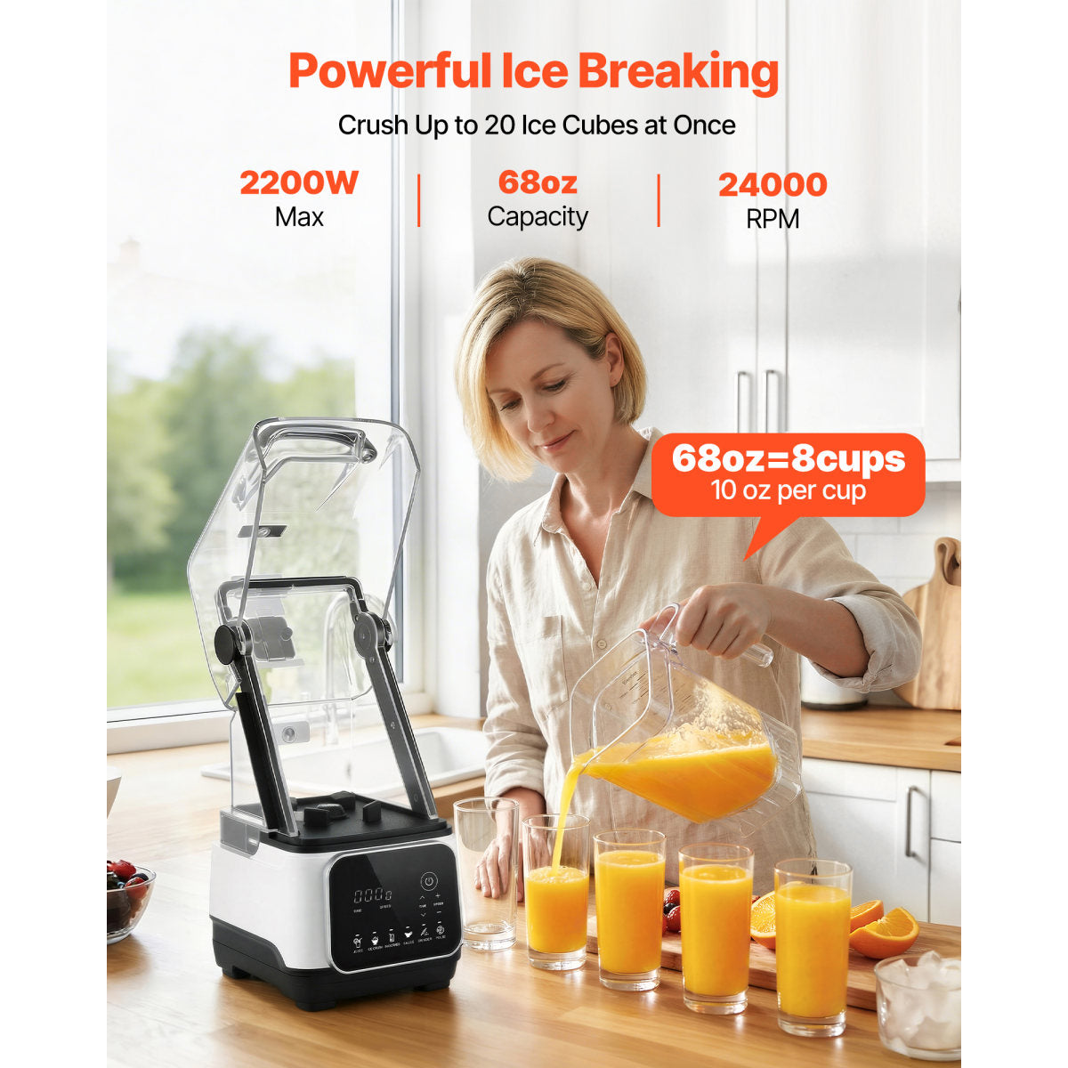 Blender, 68 Oz Professional Countertop Blenders With Shield, 2200W 26000RPM Kitchen Food Processor Combo, Self-Cleaning, Speed Adjustable, 6 Preset Menu For Smoothies, Ice Crushing, Puree, White