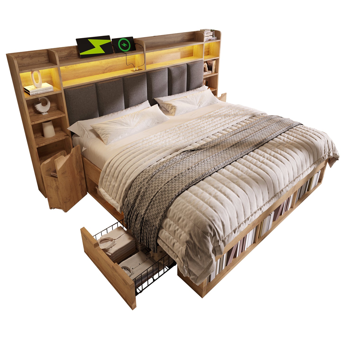 160x200 Cm Double Bed System Bed, Oak Coloured, Upholstered Headboard With LED Lighting, Bedside Tables With USB And Type-C Ports, Storage Space And Sliding Drawers, Wooden Slatted Base Without Mattr