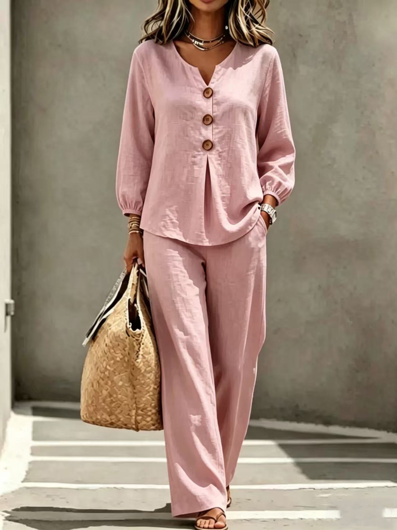 Women's New Casual Two-piece Top With V-neck Long Sleeved Pants