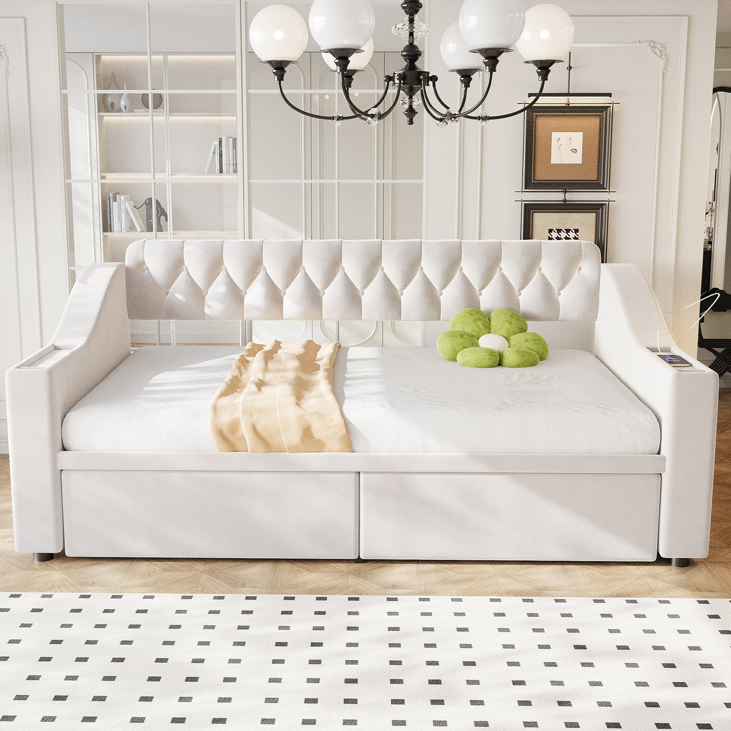 Upholstered Bed Sofa Bed 90x190 Cm, Wider And Thicker Armrests With USB Charging Port, Integrated Shelf In The Armrests, With Storage Pockets, With Storage Drawer, Velvet Fabric, Beige