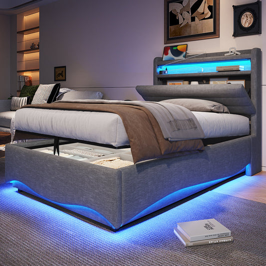 Upholstered Bed, 90 X 200 Cm, Without Mattress, With LED Lighting, With Hydraulic Mechanism, With USB And Type-C Ports, Storage Compartment, Shelves For Objects, Linen Fabric, Grey