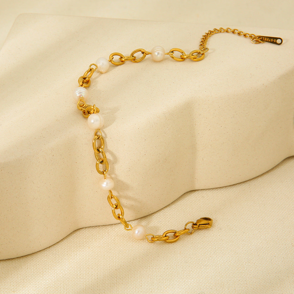 K Gold Stainless Steel Bracelet 6  Water Pearl Chain