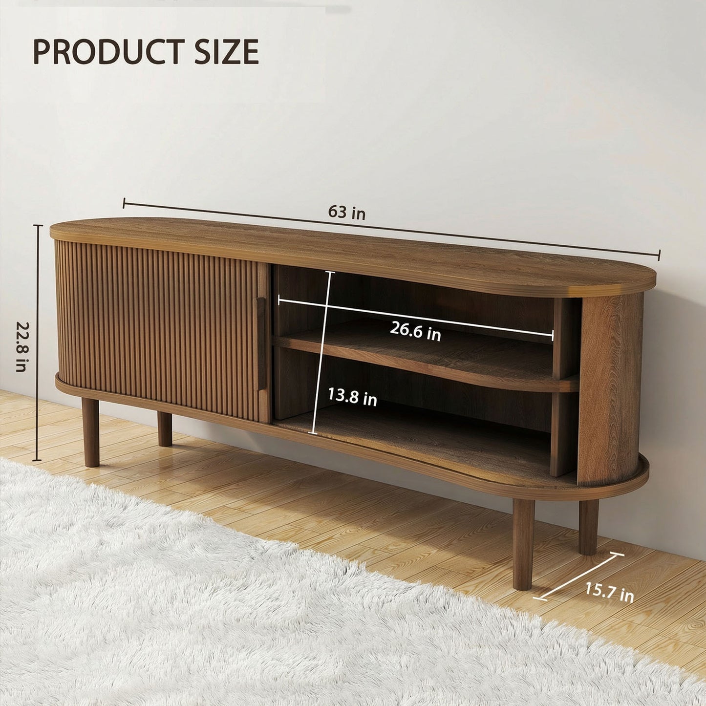 63in Fluted TV Stand Modern Media Console Table Entertainment Center With Sliding Door And Solid Wood Legs For Living Room Bedroom Office
