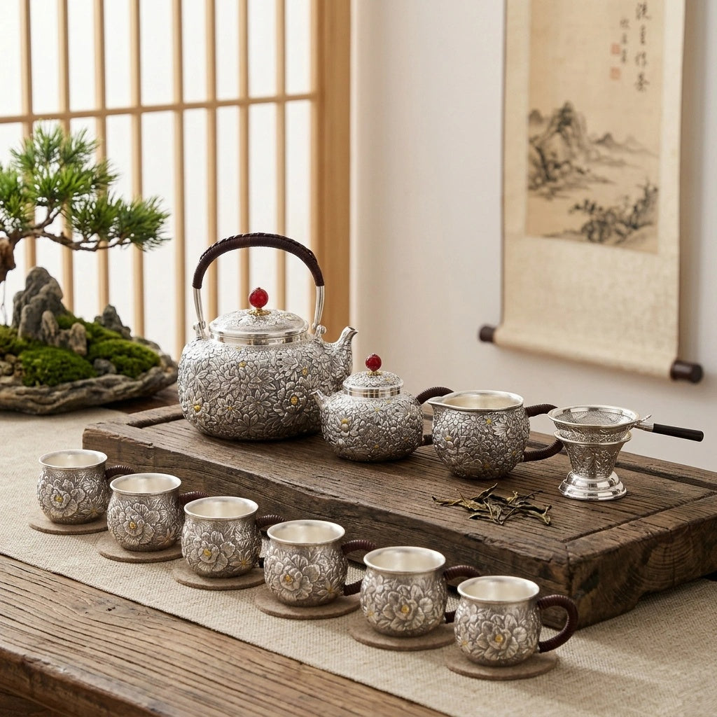 925 Sterling Silver Antique Japanese  Floral Tea Set with Complete Ensemble - Handicraft