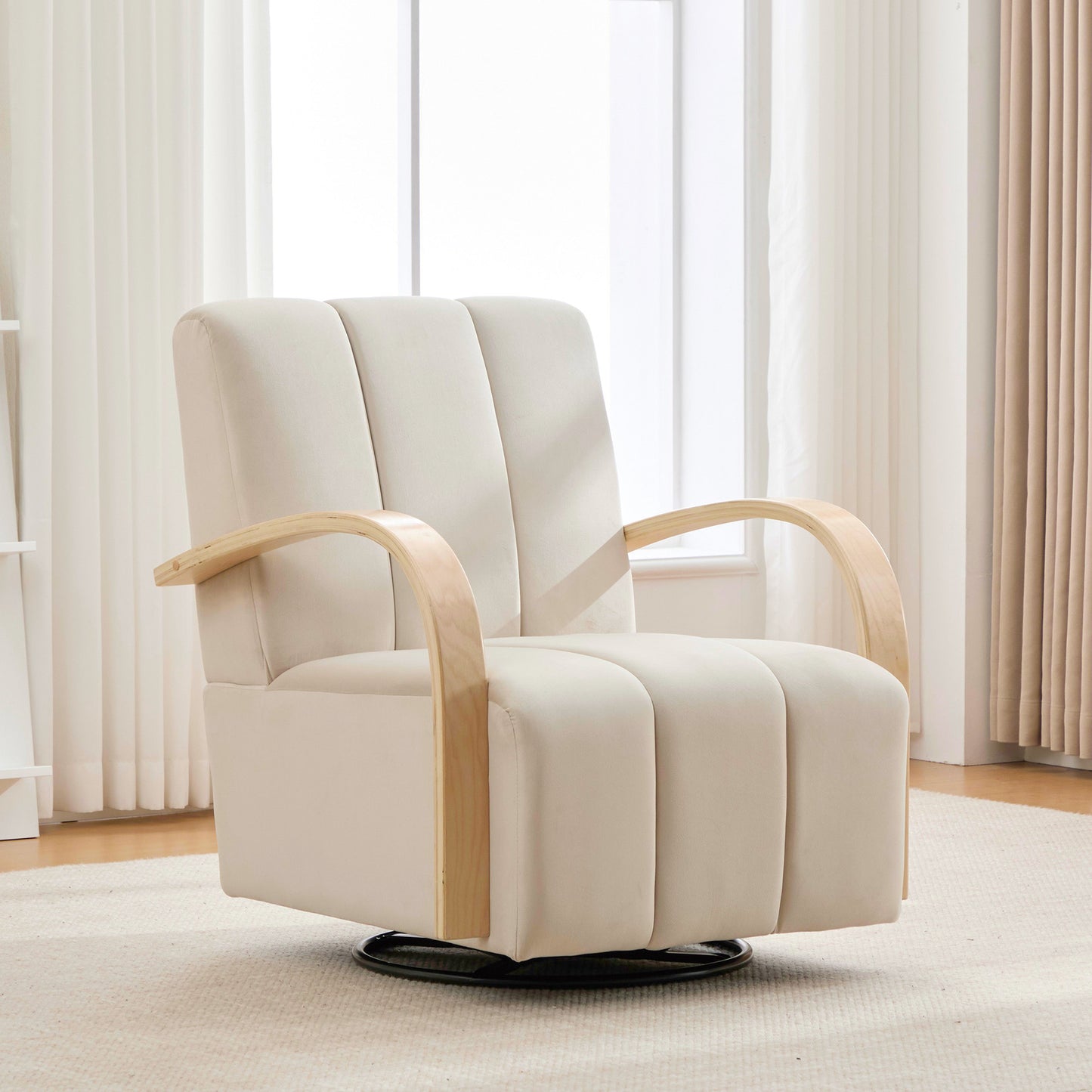 30.7 W Modern Upholstered 360 Swivel Accent Chair With Solid Wood Armrests And Comfy Channel Tufted Lounge Reading Chair, Single Sofa Armchair For Hotel Bedroom Living Room Office And Bedroom. Beige