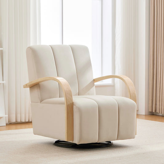 30.7 W Modern Upholstered 360 Swivel Accent Chair With Solid Wood Armrests And Comfy Channel Tufted Lounge Reading Chair, Single Sofa Armchair For Hotel Bedroom Living Room Office And Bedroom. Beige