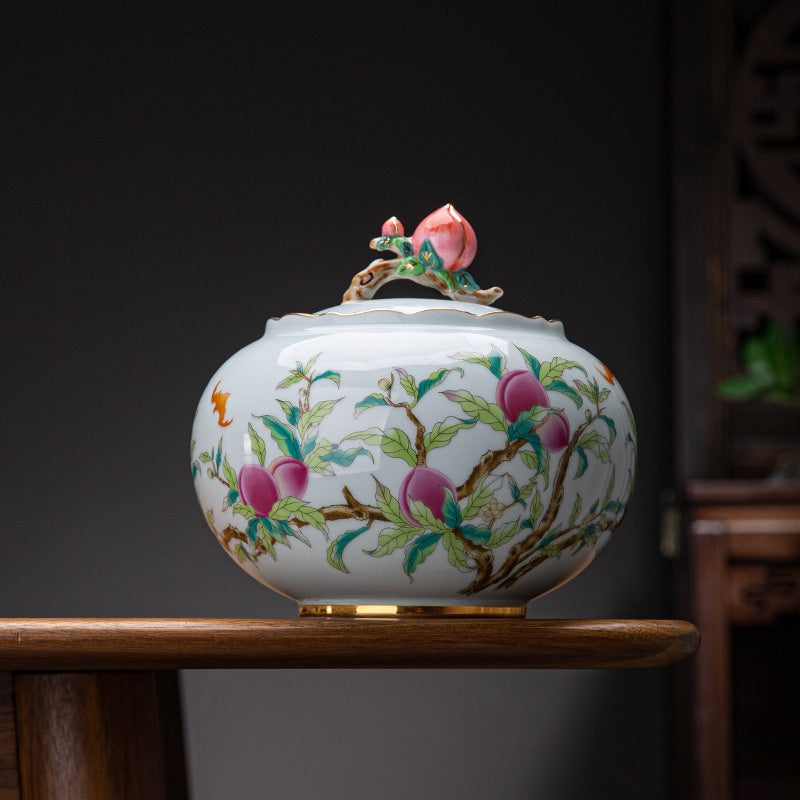 Large Peach-shaped Tea Caddy In Pastel Colors Hand-Painted Longevity Peach Design Decorative Tea Container