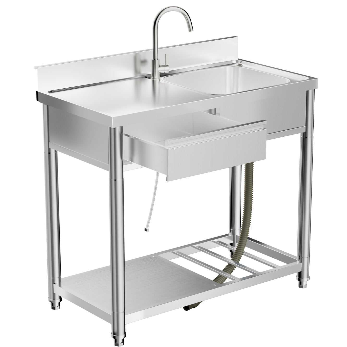 304 Stainless Steel Outdoor Utility Sink With Workbench & Storage Shelf, Freestanding Prep Table With Left Drawer, 39in Garden Patio Sink Station With 360degree Hot & Cold Water Faucet
