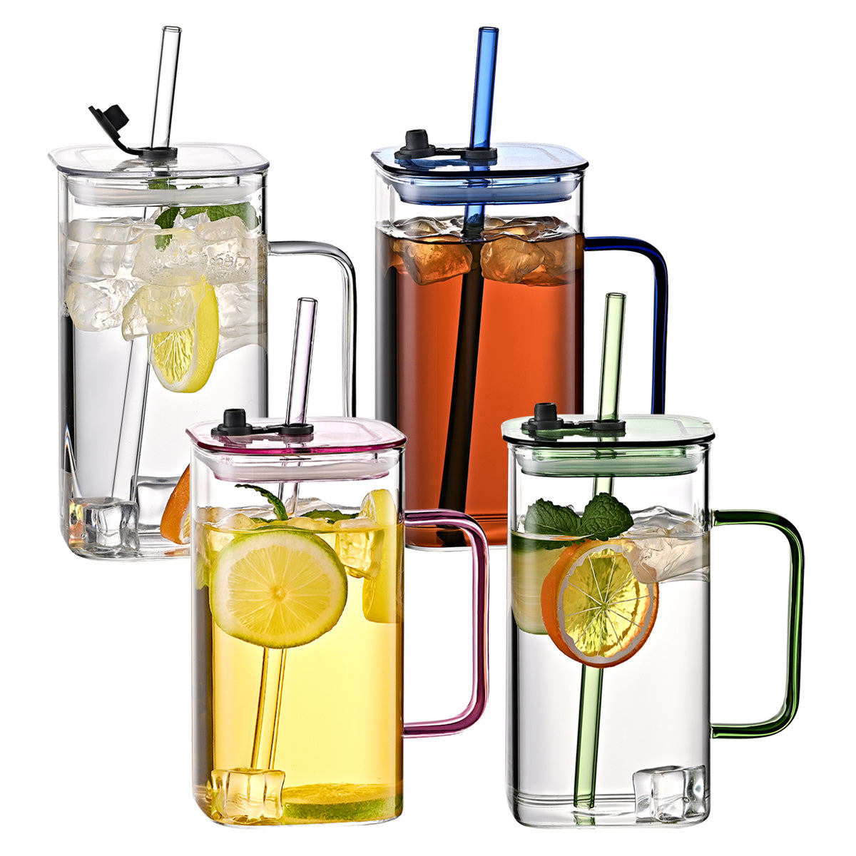 1 Pcs Blue Glass Straw Cup, 4 Colors Square Glass Cup With Straw And Lid, High Borosilicate Glass Cup, Milk Cup, Juice Cup, Cold Drink Cup, Coffee Cup, Tea Cup, Office Cup, Gift Cup
