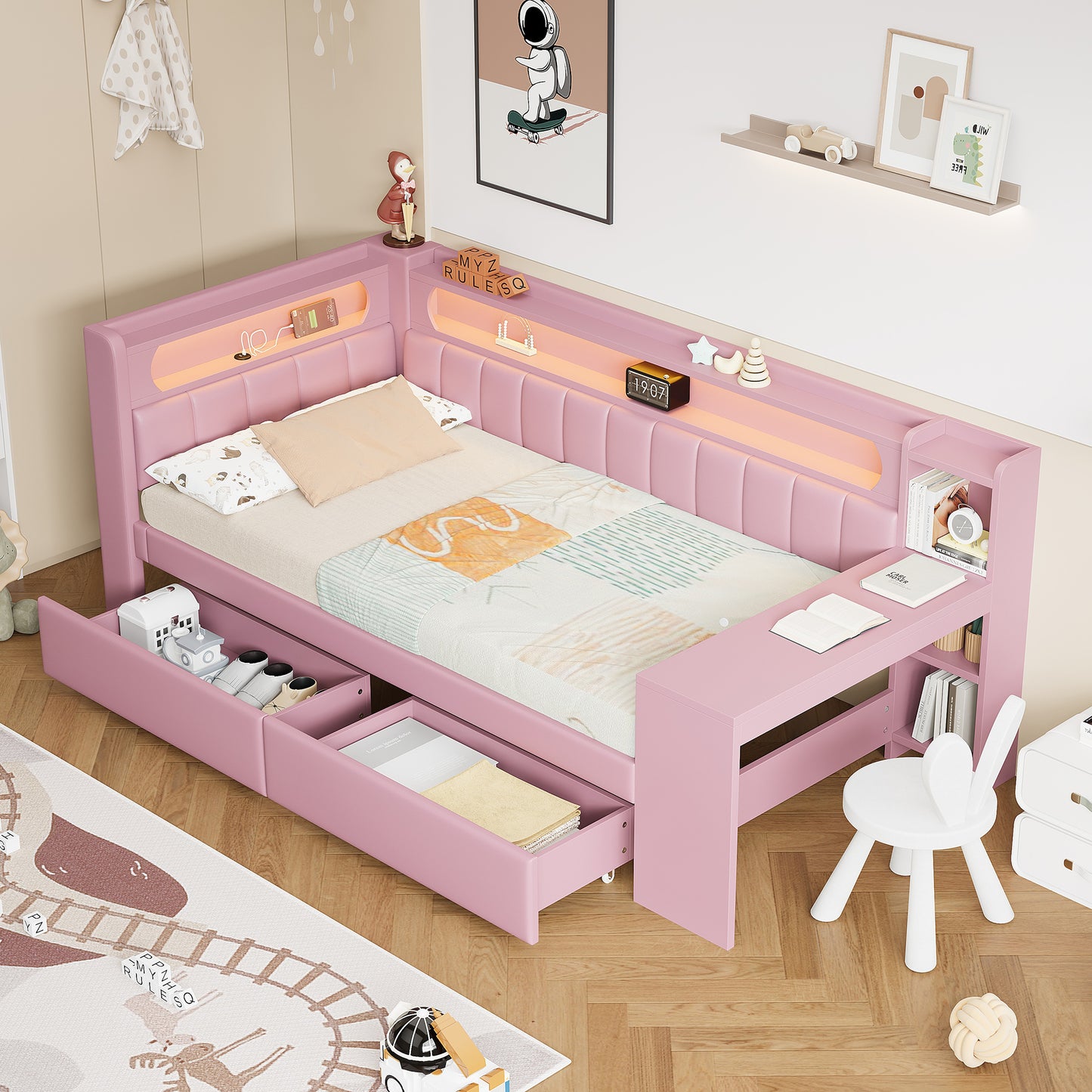 Padded 90x200 Daybed With USB Ports And LED Belt, With Desk And 2 Drawers, Pink