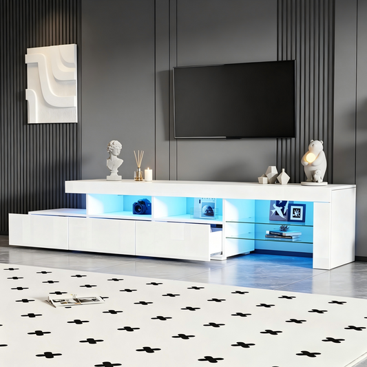 TV Cabinet With LED Lighting, High-gloss Front, Three Drawers, Suitable For TVs Up To 75 Inches, Suitable For Living Room, Bedroom And Dining Room, White, 180 X 35 X 45 Cm