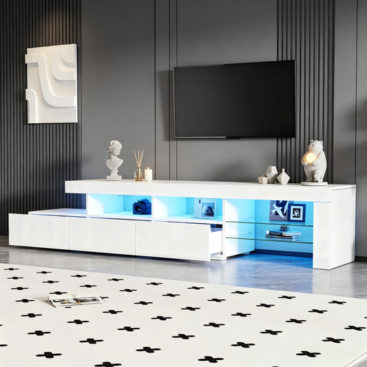TV Cabinet With LED Lighting, High-gloss Front, Three Drawers, Suitable For TVs Up To 75 Inches, Suitable For Living Room, Bedroom And Dining Room, White, 180 X 35 X 45 Cm