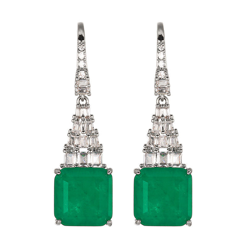 Minimalist Light Luxury Drop Hook Earrings For Women, Square Cut Emerald Tone Simulated Zirconia Paved Rhinestone Silver Tone Long Dangle Ear Jewelry Elegant Daily Party Accessories