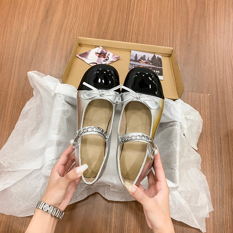 Mary Jane Slip-On Mid-Heel Shoes, Spring & Autumn Style, Black & White Color Block, Chain Decor, Round Toe, Bowknot, Women's Block Heel Pumps