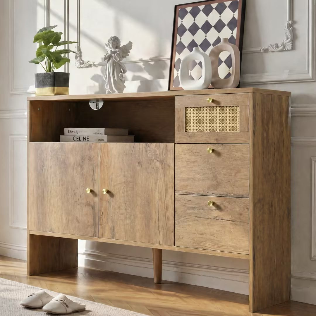 Sideboard, Kitchen Cabinet, Living Room With 2 Doors And 3 Drawers, Drawer Cabinet With Rattan & Gold Handles, Buffet Cabinet Chest Of Drawers For Kitchen, Wood Color, 105 X 40 X 76 Cm