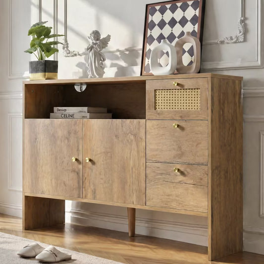 Sideboard, Kitchen Cabinet, Living Room With 2 Doors And 3 Drawers, Drawer Cabinet With Rattan & Gold Handles, Buffet Cabinet Chest Of Drawers For Kitchen, Wood Color, 105 X 40 X 76 Cm