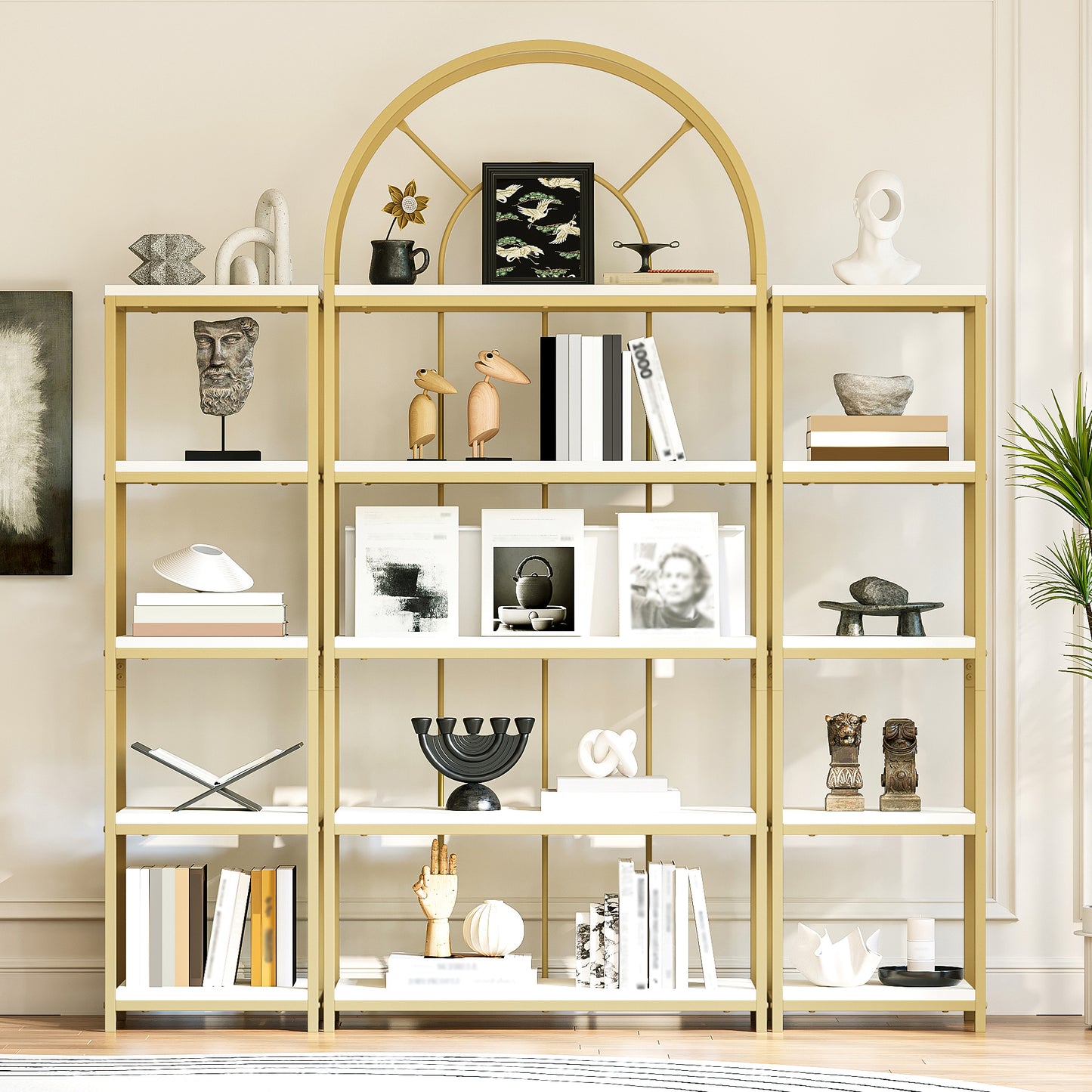 163X30X184 Cm Standing Shelf Set  Modular Bookcase With Gold Metal Frame & White MDF Shelves, 3-Piece Shelf With Arch Design, Display Shelf For Living Room, Kitchen & Office Display Cabinet, Shelf, B