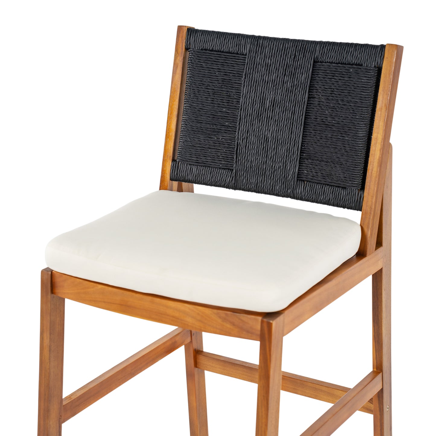 Outdoor Acacia Wood Bar Stools  Set Of 2 , Teak Finish Bar Height Chairs With Cream Cushion & Black Wicker Back, Counter Height Stools For Patio, Poolside, Kitchen Island
