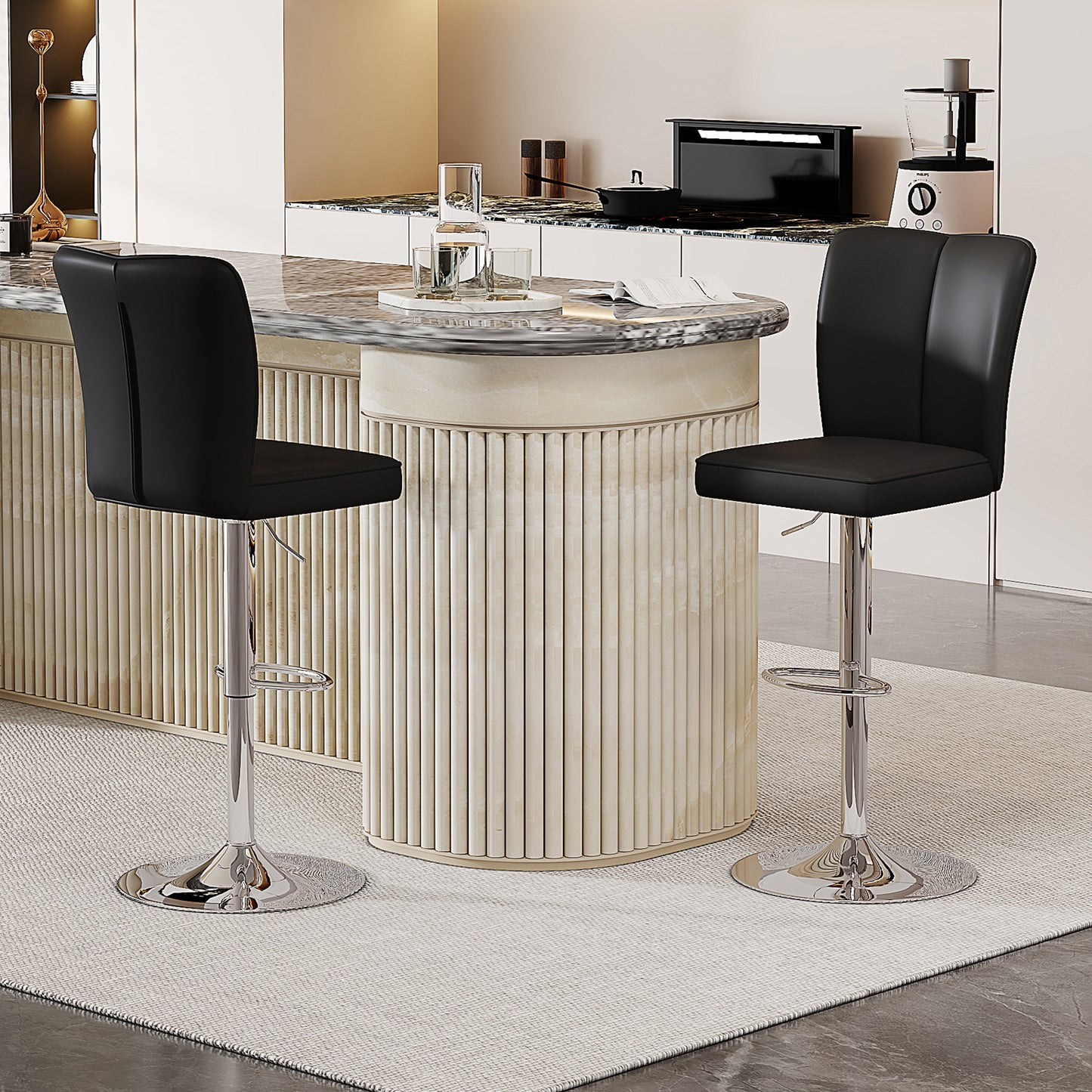 Height-adjustable Bar Stool In A Set Of 2, Can Be Rotated 360 . Luxurious Bar Stool In Black And Silver Design Made Of Water-repellent PU Leather, Suitable For Kitchen Islands. Various Colors Availabl