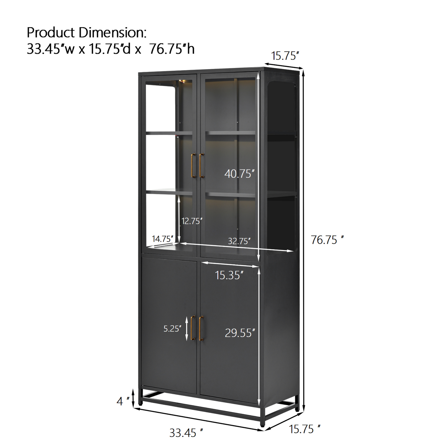 76.75  Tall Display Cabinet, With Glass Doors And LED Lights, Steel Curio Cabinet With 3-Sided Glass, Pantry Cabinet With Storage For Hallways, Livingroom Kitchen Home Decor & Office - Black