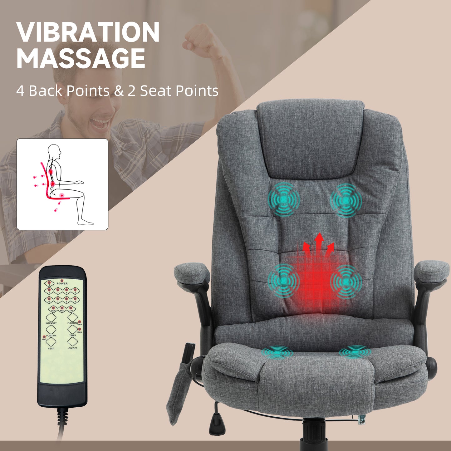 Vinsetto Massage Recliner Chair Heated Office Chair With Six Massage Points Linen-Feel Fabric 360° Swivel Wheels Grey