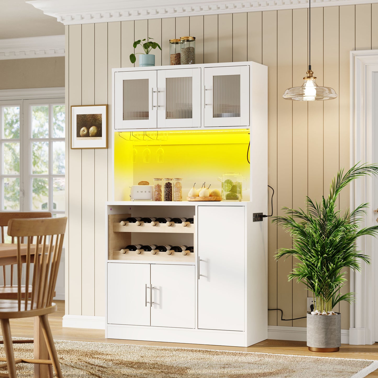 Kitchen Pantry Cabinet, White Kitchen Cabinet With RGB LED And Socket, Tall Pantry Cabinet With Wine Glass Holder & Wine Rack, Modern Kitchen Cabinet With Glass Fronts, 100x40x180 Cm